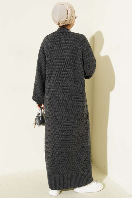 Chickpea Pattern Long Knitted Cardigan Smoked