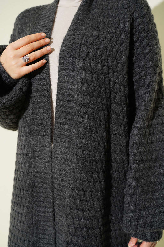 Chickpea Pattern Long Knitted Cardigan Smoked