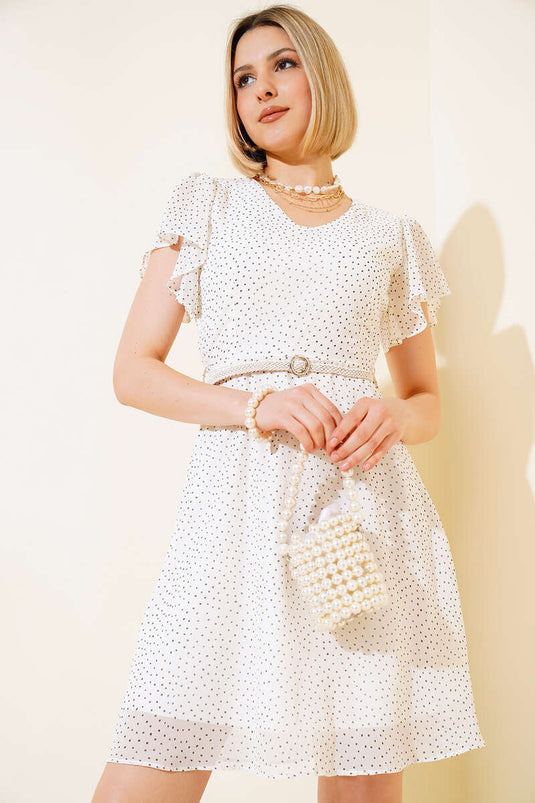 Robe Ceinturée Motif Pois Ecru