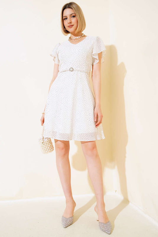 Robe Ceinturée Motif Pois Ecru