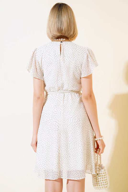 Robe Ceinturée Motif Pois Ecru