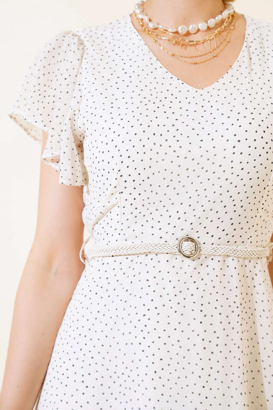 Robe Ceinturée Motif Pois Ecru