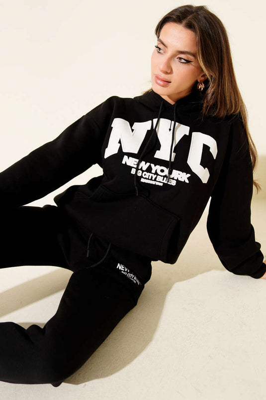 Ensemble deux pièces noir en sweat-shirt imprimé NYC à trois fils