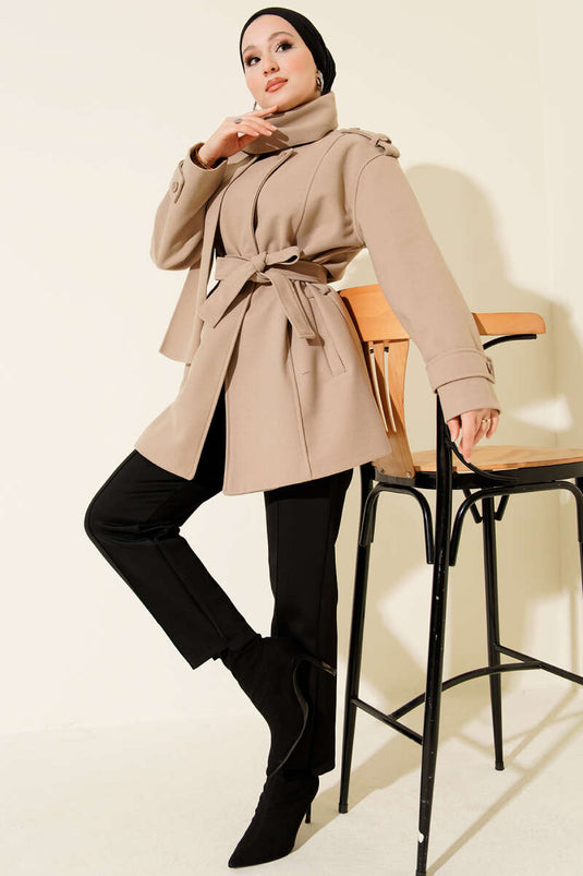 Omuz Apoletli Atkılı Kaşe Kaban Bej