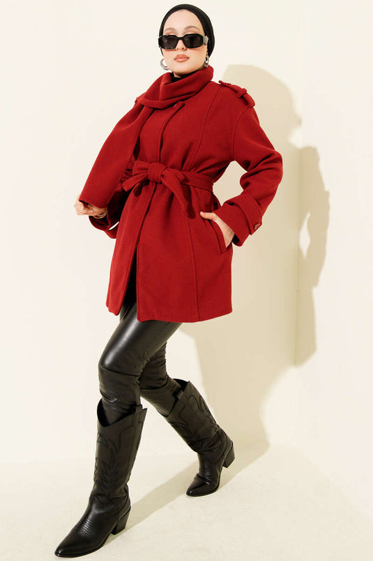 Omuz Apoletli Atkılı Kaşe Kaban Bordo