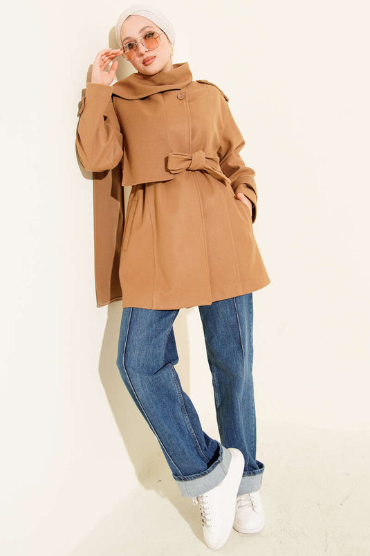 Omuz Apoletli Atkılı Kaşe Kaban Latte