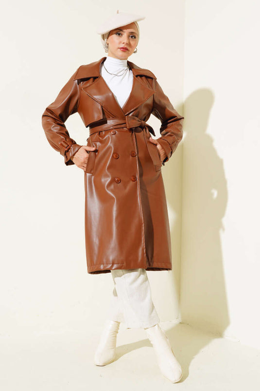 Omuz Apoletli Deri Trençkot Taba