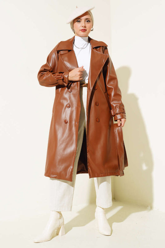 Trench-coat en cuir avec épaulettes, couleur fauve