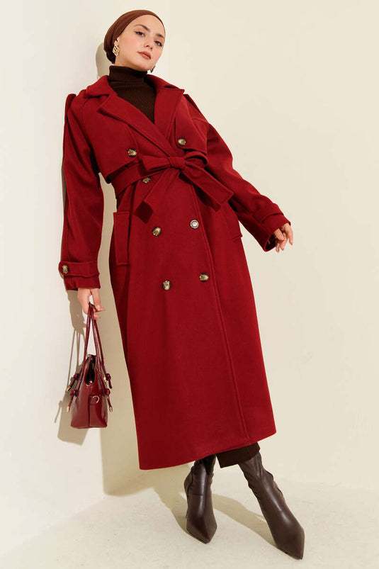 Burgundy Wool Overcoat with Shoulder Epaulettes and Button Details