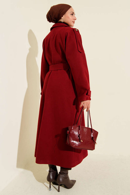 Burgundy Wool Overcoat with Shoulder Epaulettes and Button Details