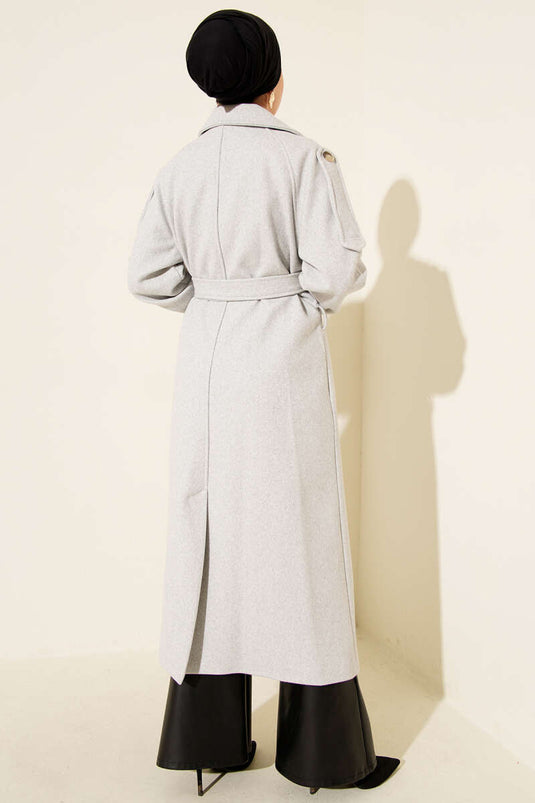 Melange Grey Cashmere Coat with Shoulder Epaulette and Button Detail