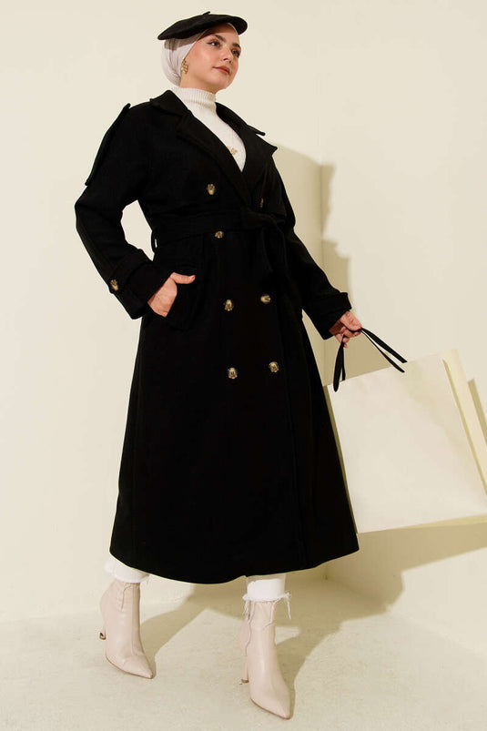 Kaschmirmantel mit Schulterklappen und Knopfdetail in Schwarz