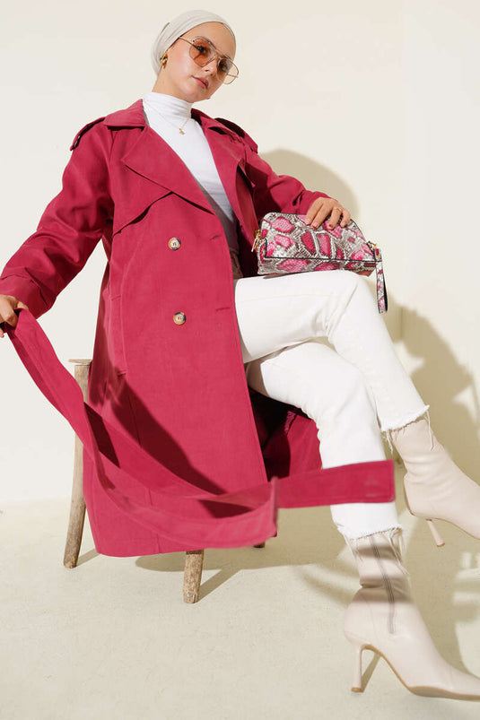 Omuz Apoletli Düğme Detaylı Trençkot Bordo