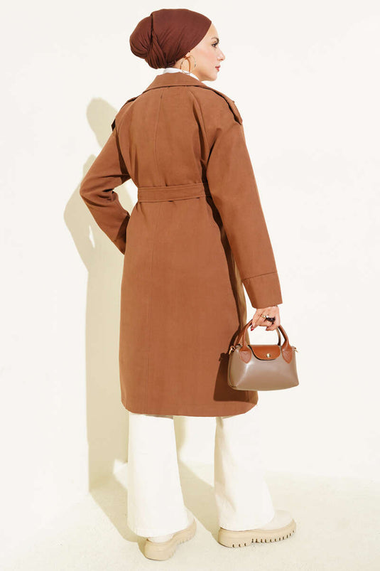 Omuz Apoletli Düğme Detaylı Trençkot Kahve