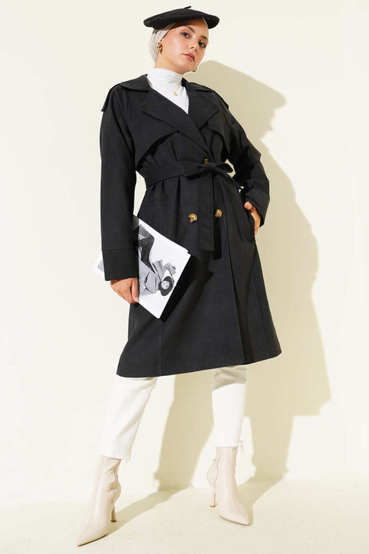 Trenchcoat mit Schulterklappen und Knopfdetail in Schwarz