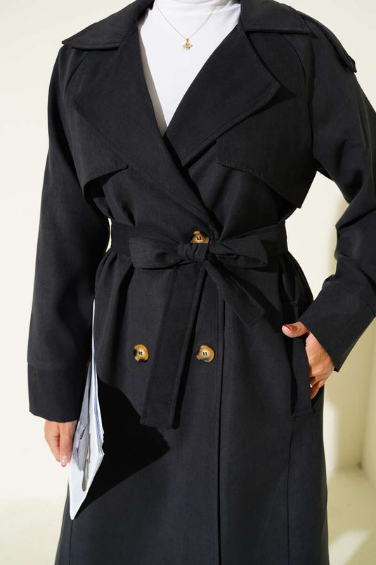 Omuz Apoletli Düğme Detaylı Trençkot Siyah