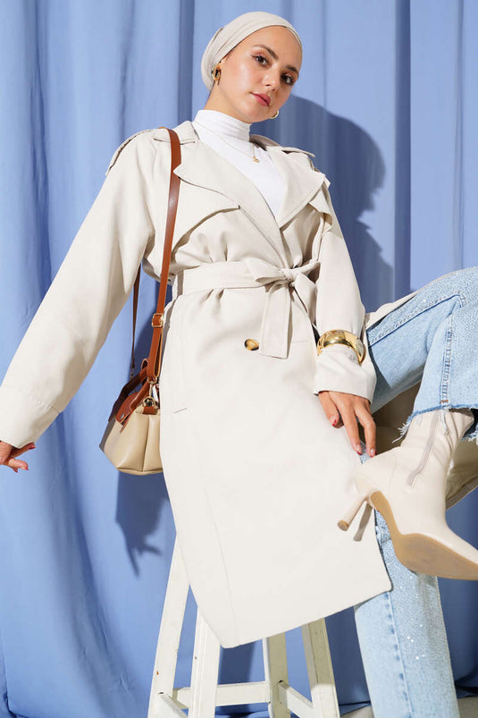 Omuz Apoletli Düğme Detaylı Trençkot Taş