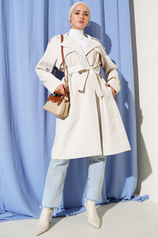 Trenchcoat mit Schulterklappen und Knopfdetail in Stein