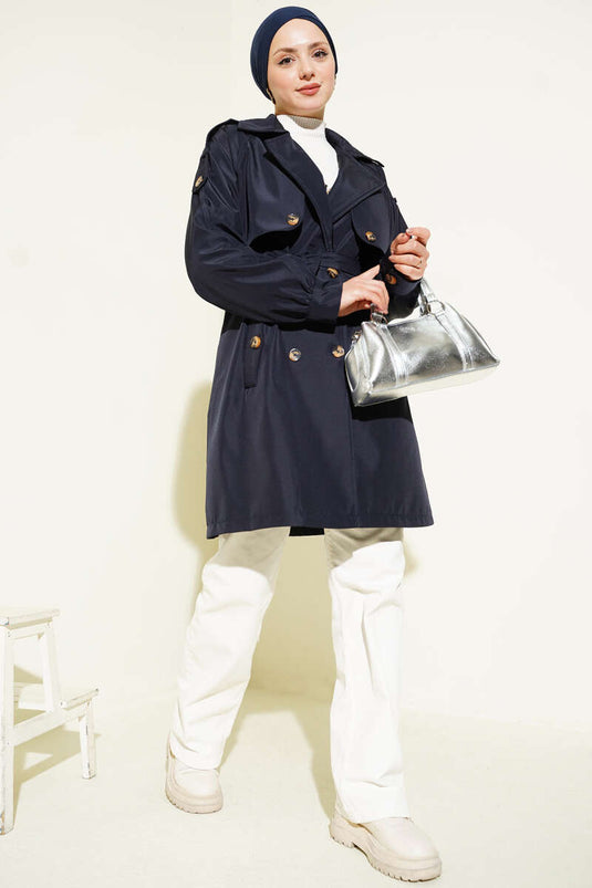 Shoulder Epaulet Buttoned Unlined Trench Coat Navy Blue