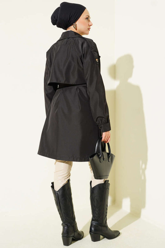 Shoulder Epaulet Buttoned Unlined Trench Coat Black
