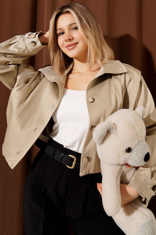 Beige Jacket with Shoulder Epaulets and Buttons