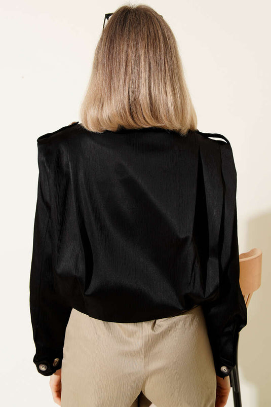 Omuz Apoletli Düğmeli Ceket Siyah