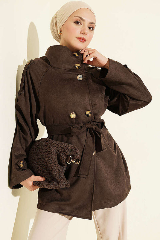 Korte Suède Trenchcoat Met Schouderepaulet En Knopen In Pittig Bruin