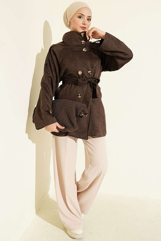 Korte Suède Trenchcoat Met Schouderepaulet En Knopen In Pittig Bruin