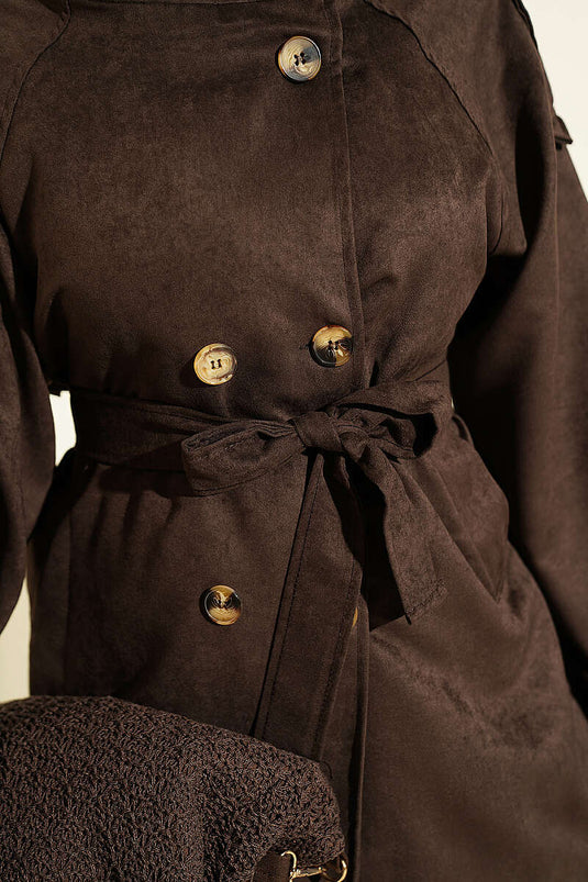 Korte Suède Trenchcoat Met Schouderepaulet En Knopen In Pittig Bruin