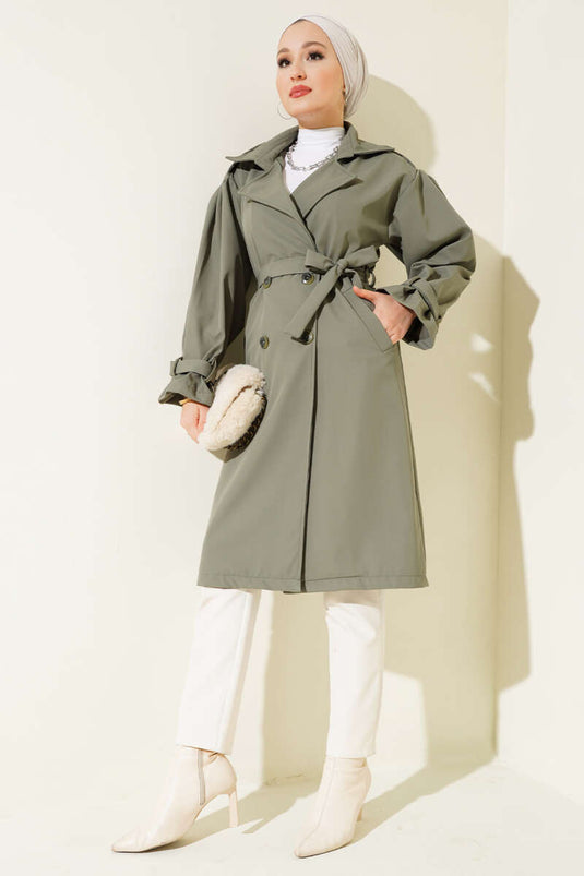 Buttoned Trench Coat with Shoulder Epaulets Khaki