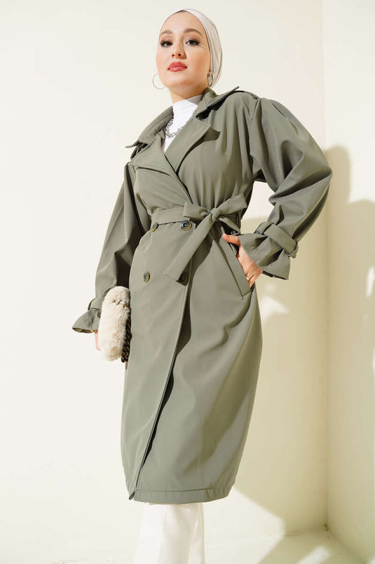 Buttoned Trench Coat with Shoulder Epaulets Khaki