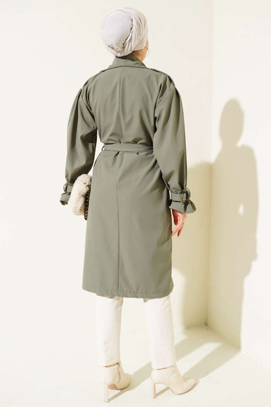 Buttoned Trench Coat with Shoulder Epaulets Khaki