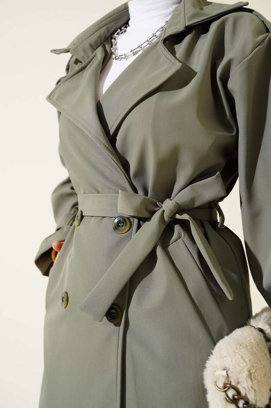 Buttoned Trench Coat with Shoulder Epaulets Khaki