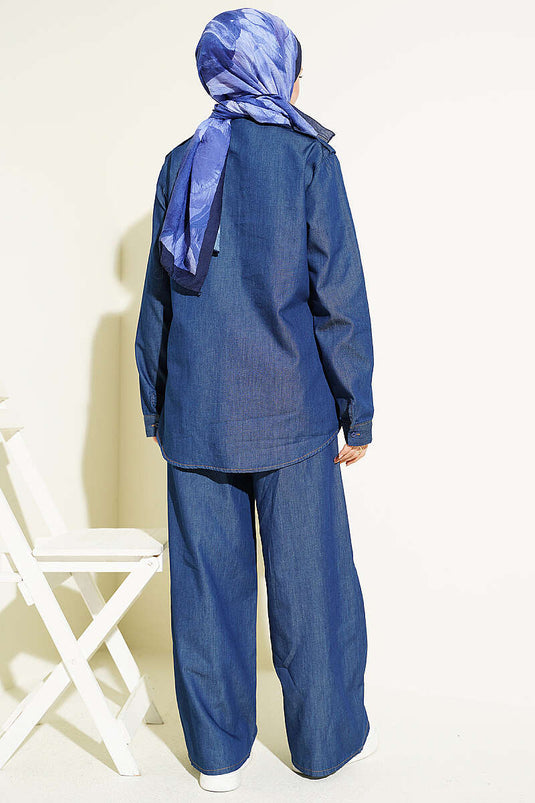 Dark Blue Denim Two-Piece Set with Shoulder Epaulets and Hidden Buttons
