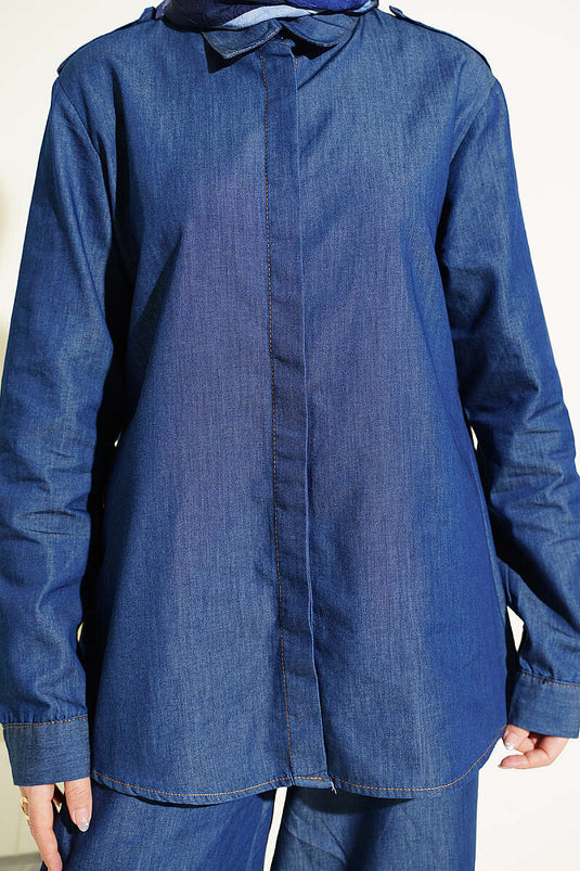 Dark Blue Denim Two-Piece Set with Shoulder Epaulets and Hidden Buttons