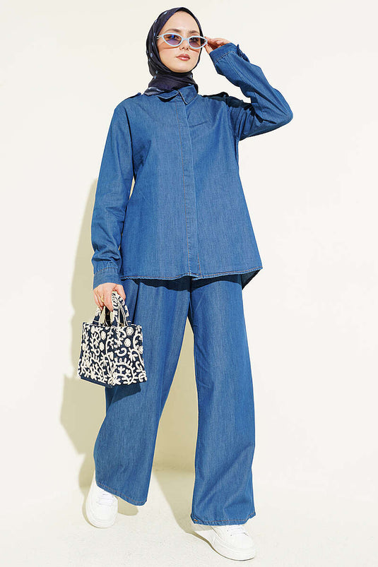 Shoulder Epaulet Hidden Button Denim Two-Piece Set Blue