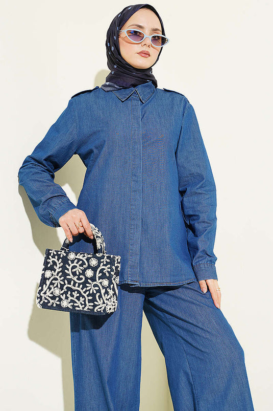 Shoulder Epaulet Hidden Button Denim Two-Piece Set Blue