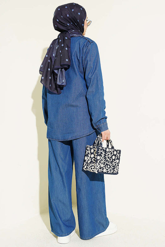 Shoulder Epaulet Hidden Button Denim Two-Piece Set Blue