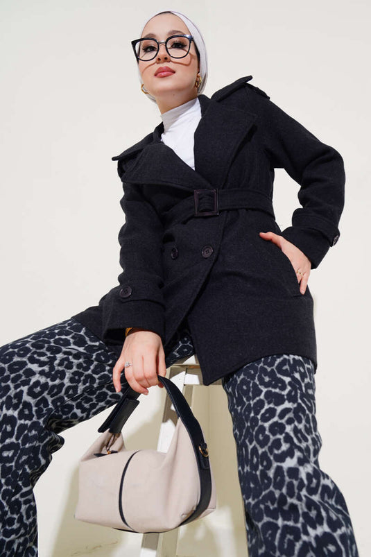 Shoulder Epaulette Short Cashmere Coat Anthracite