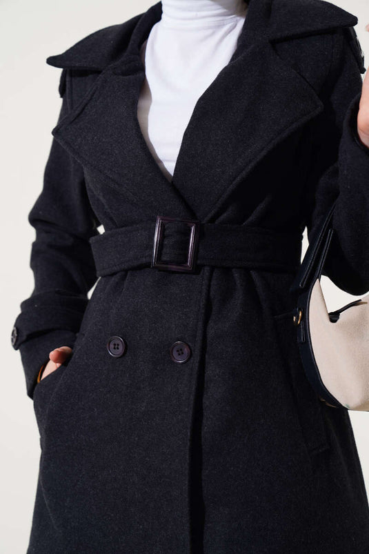 Shoulder Epaulette Short Cashmere Coat Anthracite