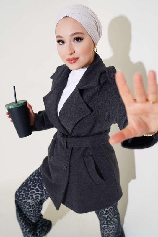 Shoulder Epaulette Short Cashmere Coat Charcoal