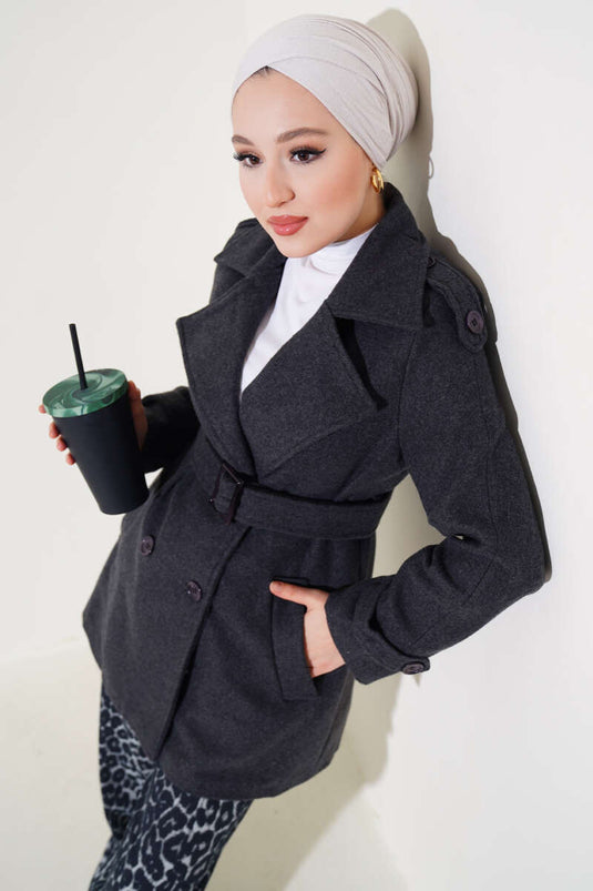 Shoulder Epaulette Short Cashmere Coat Charcoal
