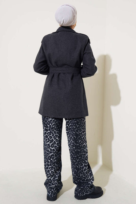 Shoulder Epaulette Short Cashmere Coat Charcoal