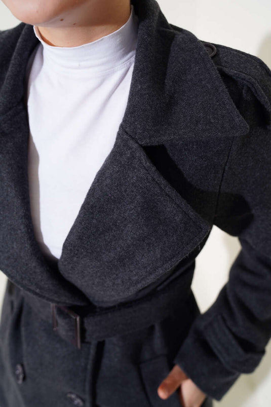 Shoulder Epaulette Short Cashmere Coat Charcoal