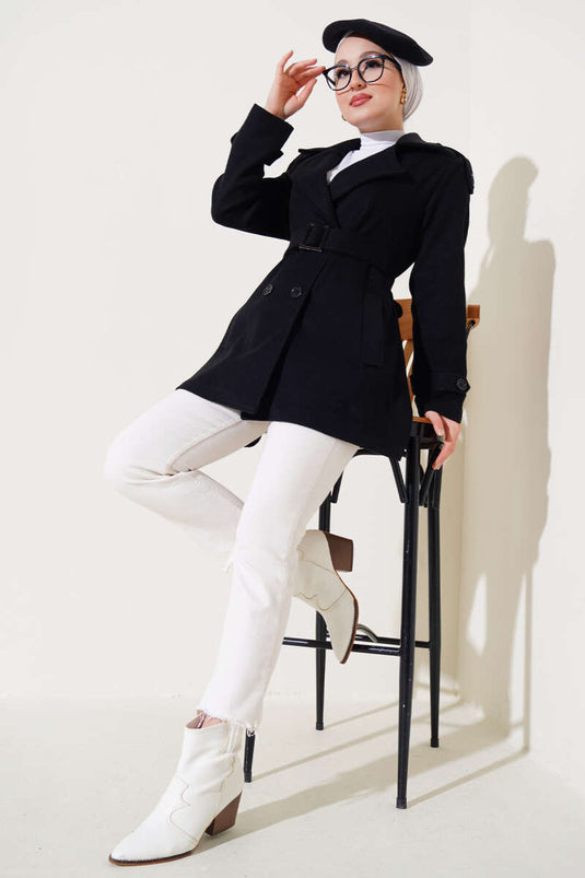 Shoulder Epaulette Short Wool Coat Black