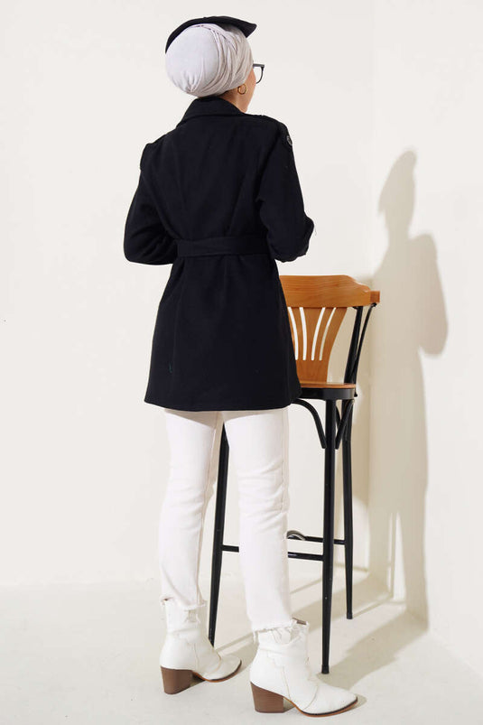 Shoulder Epaulette Short Wool Coat Black