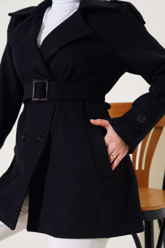 Shoulder Epaulette Short Wool Coat Black