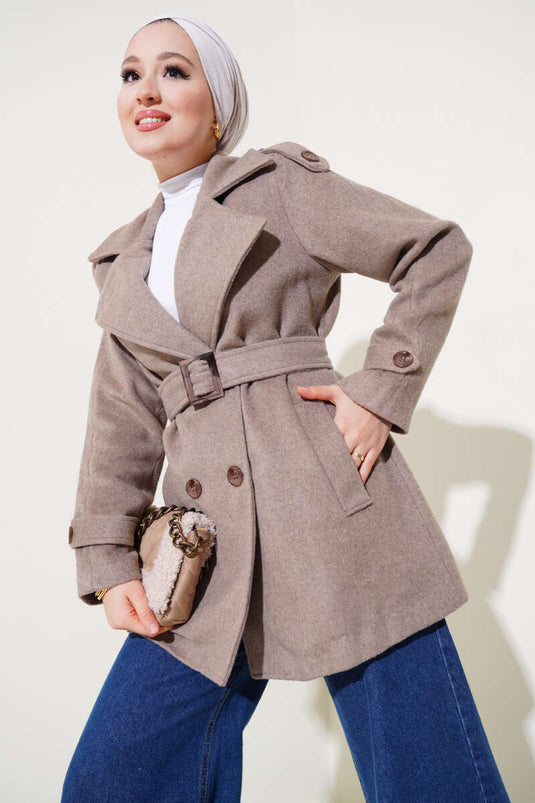 Kurzer Kaschmirmantel mit Schulterklappen, Milchkaffee