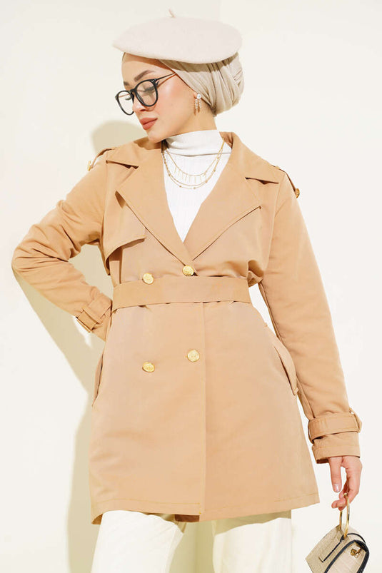 Korte trenchcoat met schouderepauletten Camel