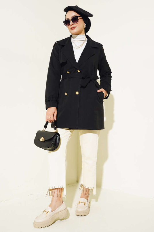 Korte trenchcoat met schouderepauletten zwart